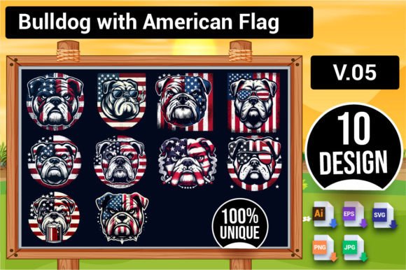 10 Bulldog Set with American Flag V.5