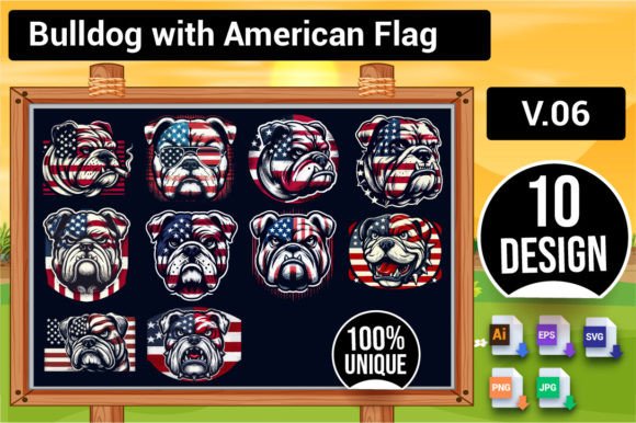 10 Bulldog Set with American Flag V.6