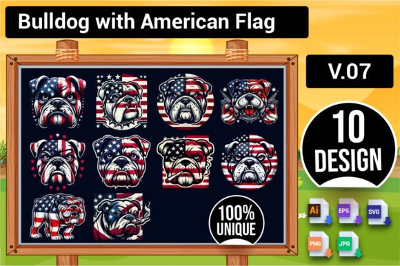 10 Bulldog Set with American Flag V.7