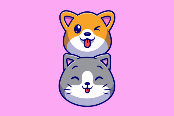 Cute Dog and Cute Cat Head Cartoon