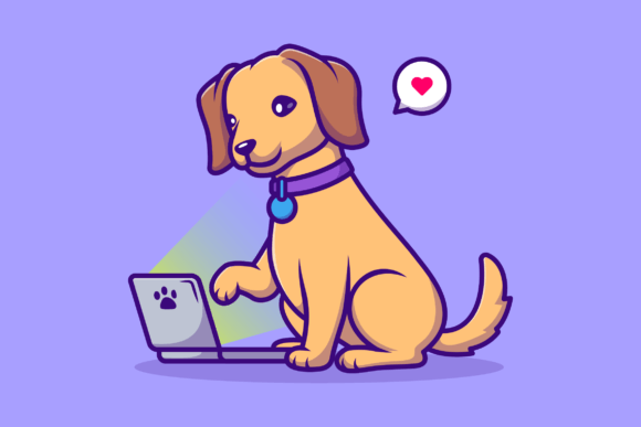 Cute Dog Playing Laptop Cartoon
