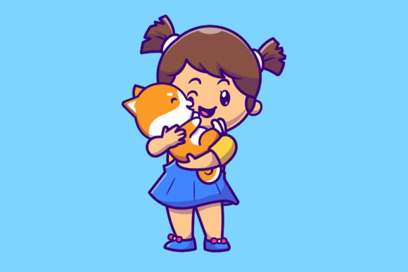 Cute Girl Hug Shiba Inu Dog Cartoon