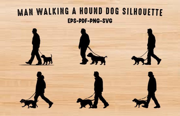Man Walking a Basset Hound Black SVG Set