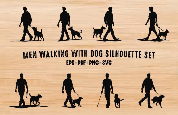 Men Walking with Dog Silhouettes Bundle